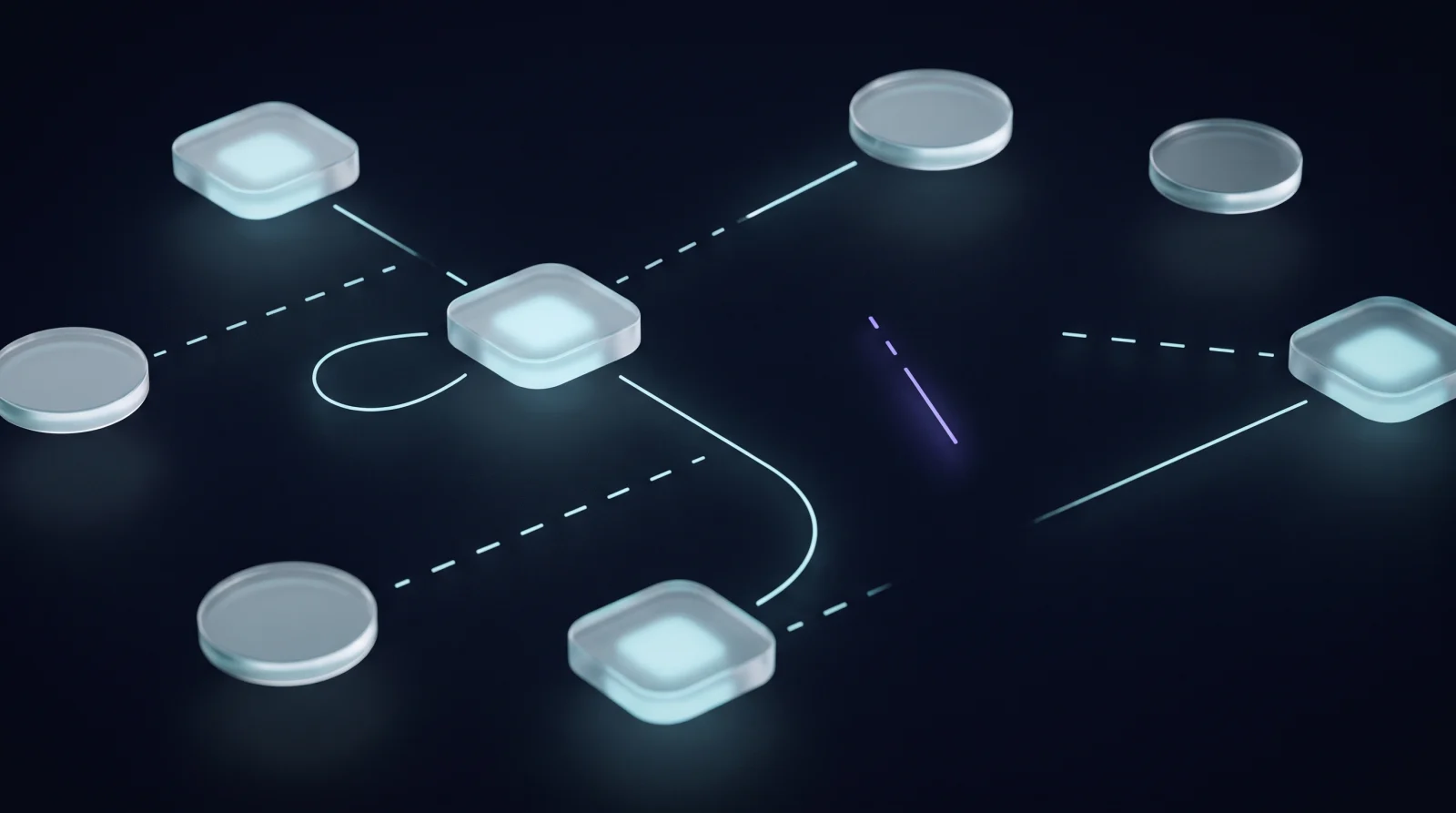 Seven business tools shown as separate glass plates scattered across a dark field. The light paths between them are broken — dashed lines stop short in empty space, one loops back on itself, and two tools have no connection at all.