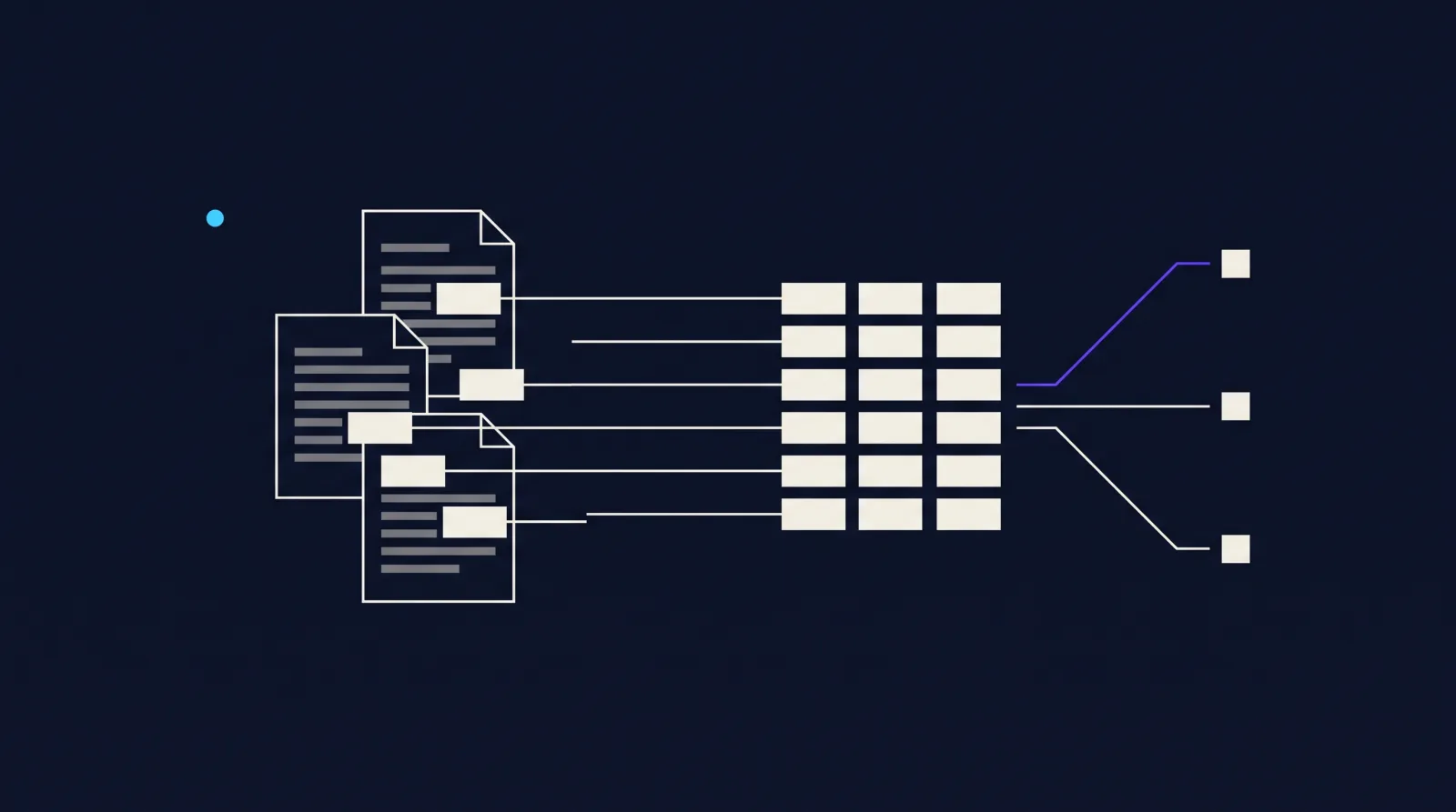 Abstract visualization of document intelligence: scattered documents become one aligned grid of structured information blocks, from which three action lines leave, the primary one in violet.