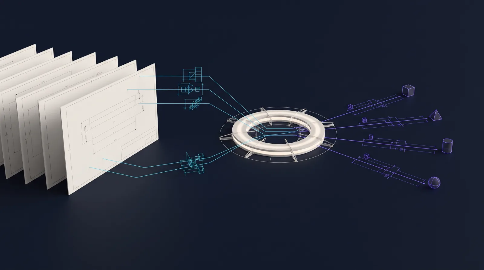 Abstract engineering operations visualization: technical drawing sheets are read by cyan extraction lines, routed through a central machined orchestration ring, and released as four violet output paths.