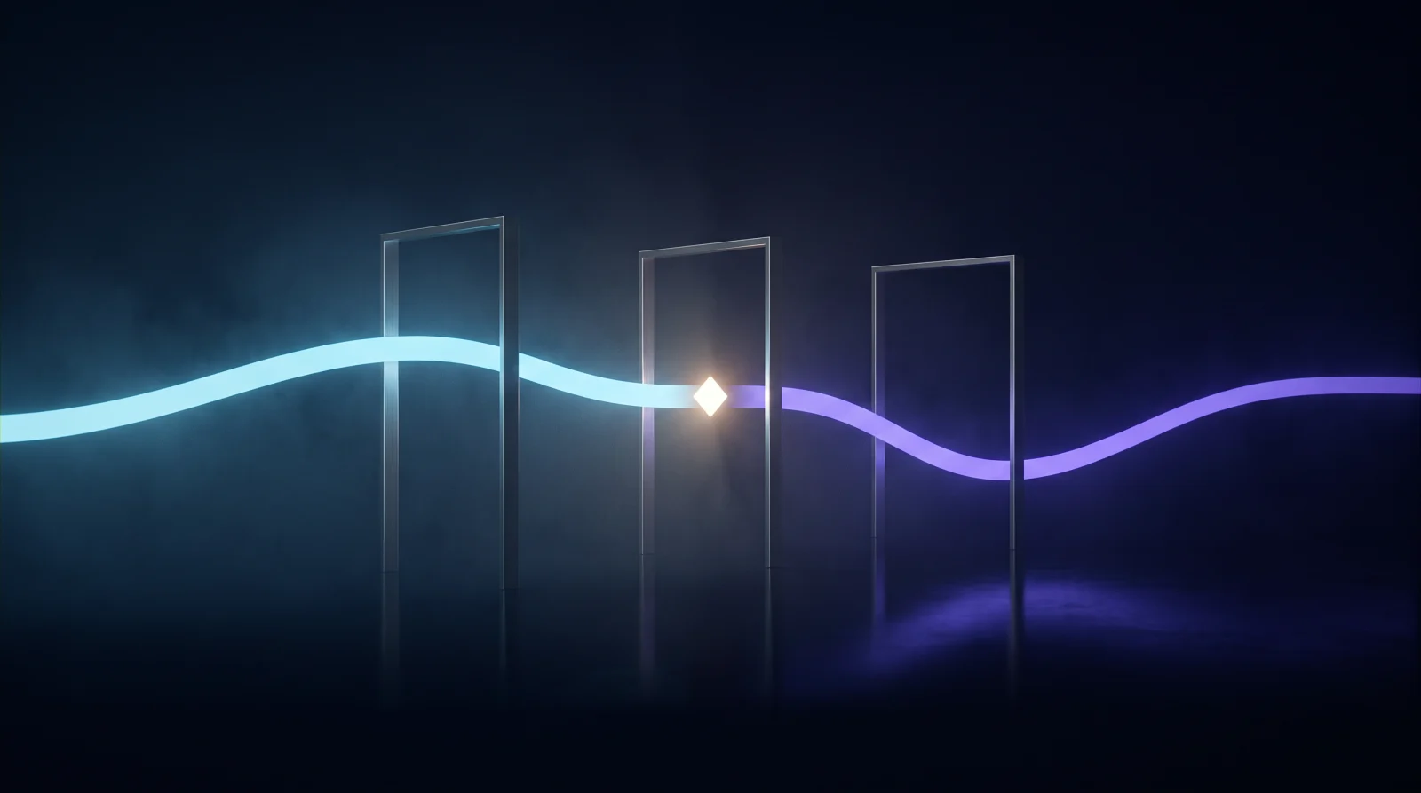 A cyan workflow path travels through three gate frames. At the middle gate it pauses at a bright warm marker — the human approval — and only then continues onward as a violet path.