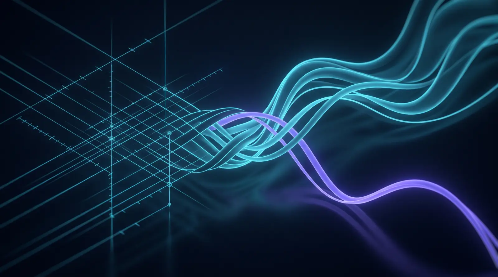A precise angular technical lattice on the left braids together with flowing commercial process curves on the right, merging into a single channel from which one violet path continues onward.