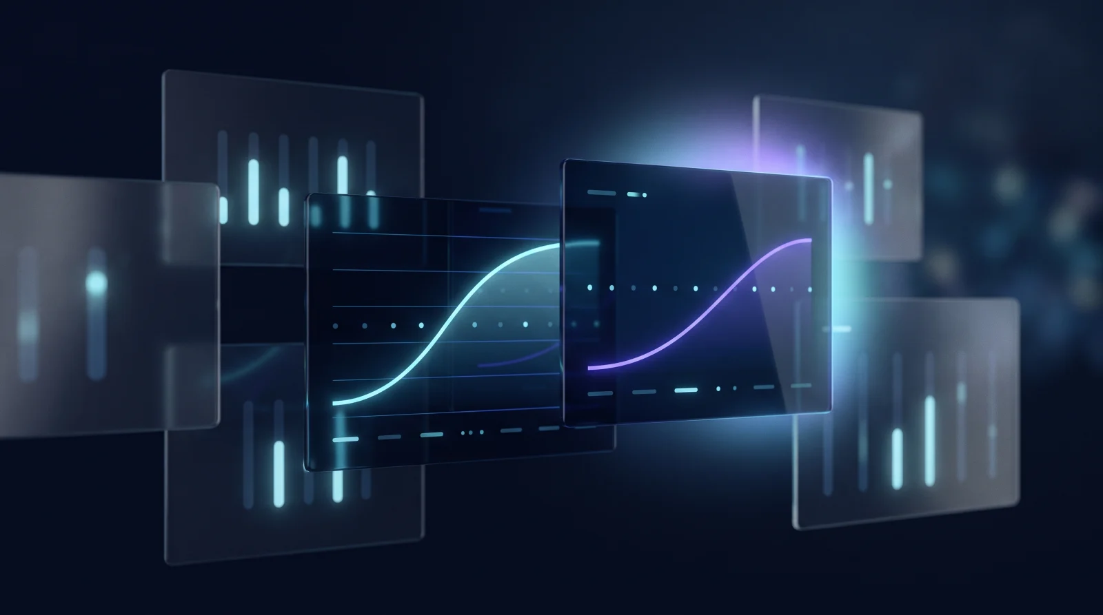 Translucent monitoring panels floating at different depths, showing rising performance curves and steady status indicators, with one panel highlighted in violet.