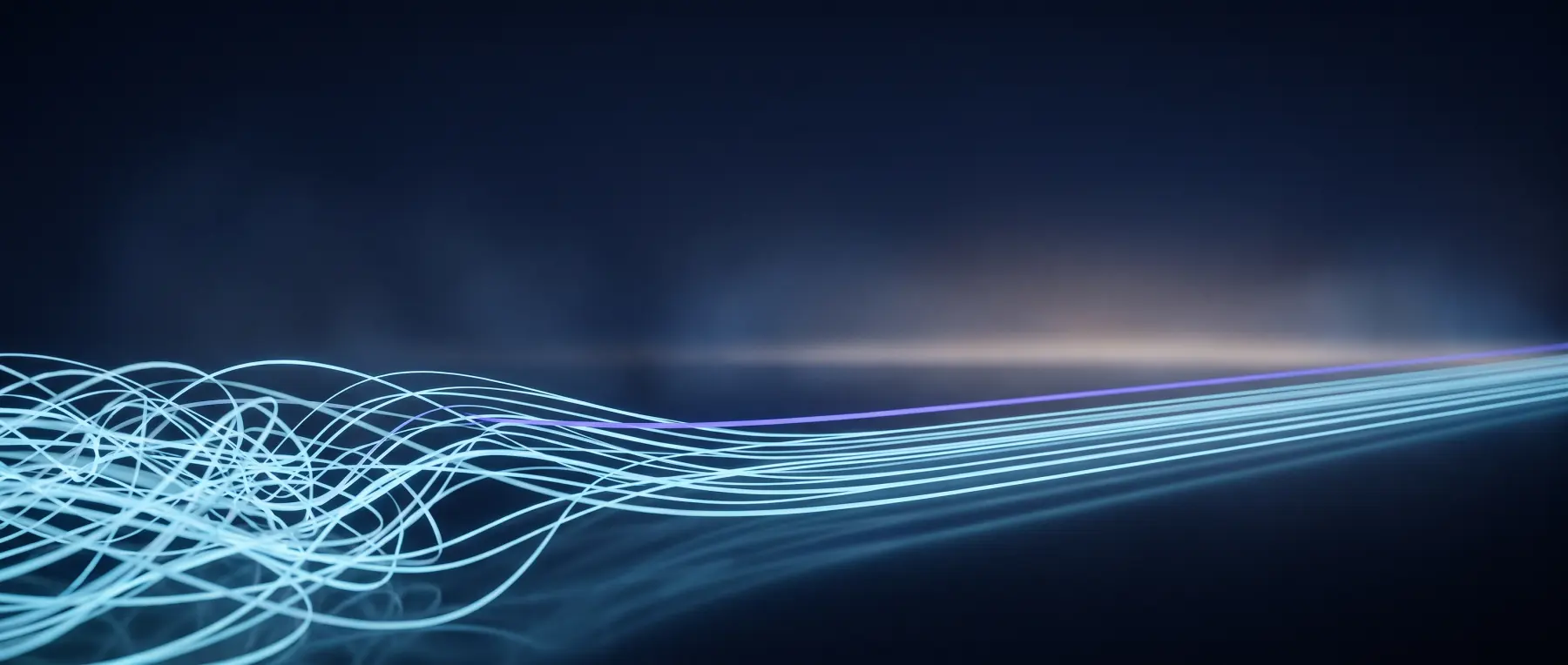 Many tangled strands of light on the left gradually straighten and separate as they travel right, resolving into clean parallel lines running toward a luminous horizon, with one violet strand leading.